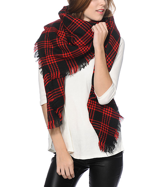 D&Y Red Plaid Blanket Scarf Zumiez