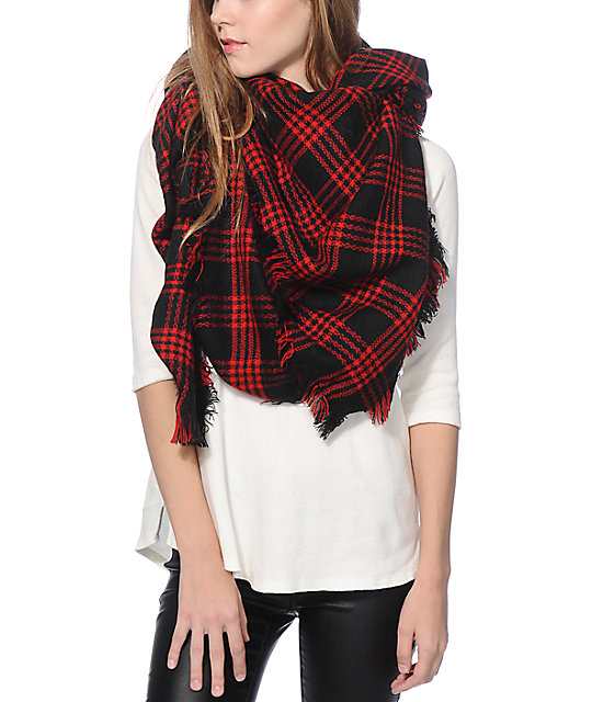 D&Y Red Plaid Blanket Scarf | Zumiez