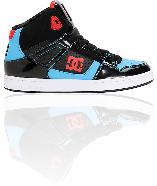 DC Boys Rebound Hi Black, Red, & Turquoise Skate Shoes DC Boys Rebound Hi Black, Red, & Turquoise Skate Shoes