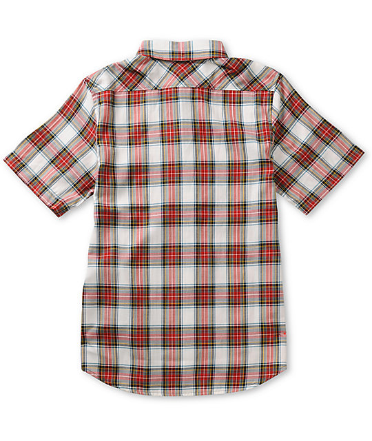 red and white plaid button down shirt