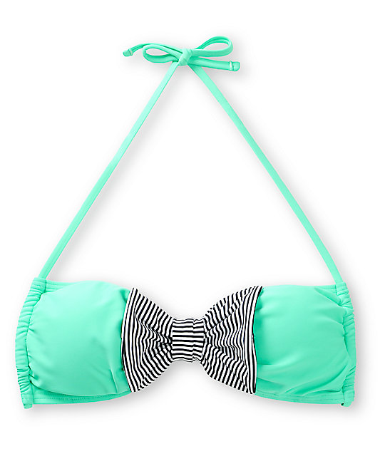 Damsel Mint & Mini Stripe Bow Bandeau Bikini Top Zumiez