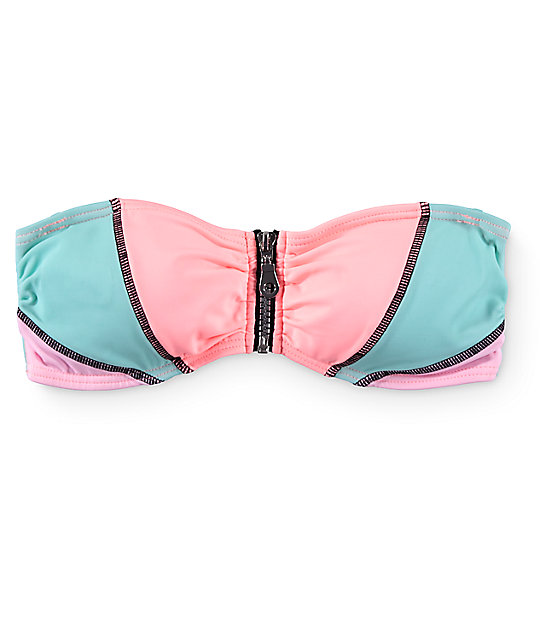 Damsel Sporty Coral Colorblock Zipper Bandeau Bikini Top