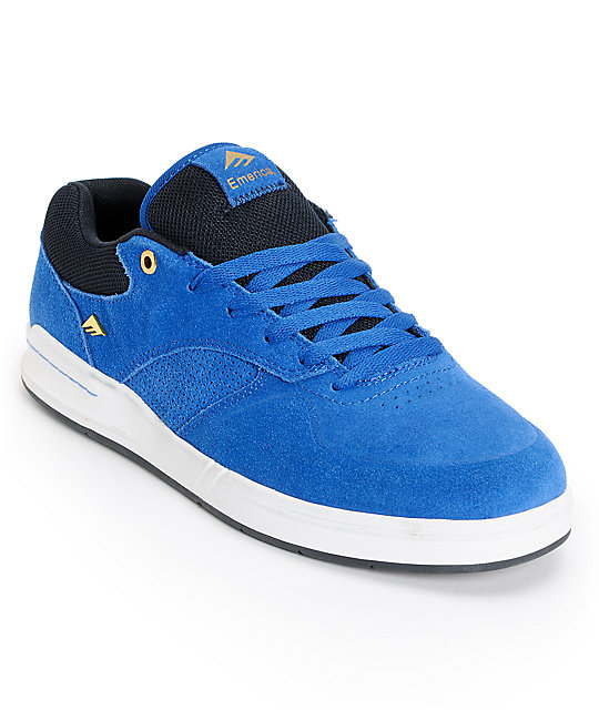 Emerica The Heritic Blue, Black, and White Suede Skate Shoe at Zumiez PDP