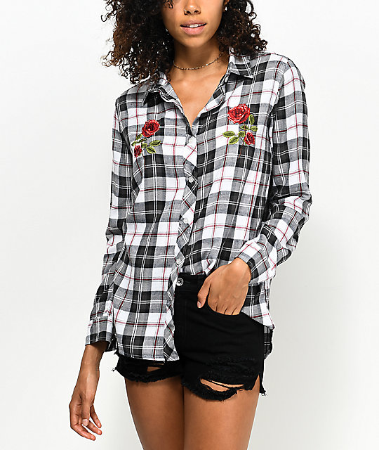 black button up with roses