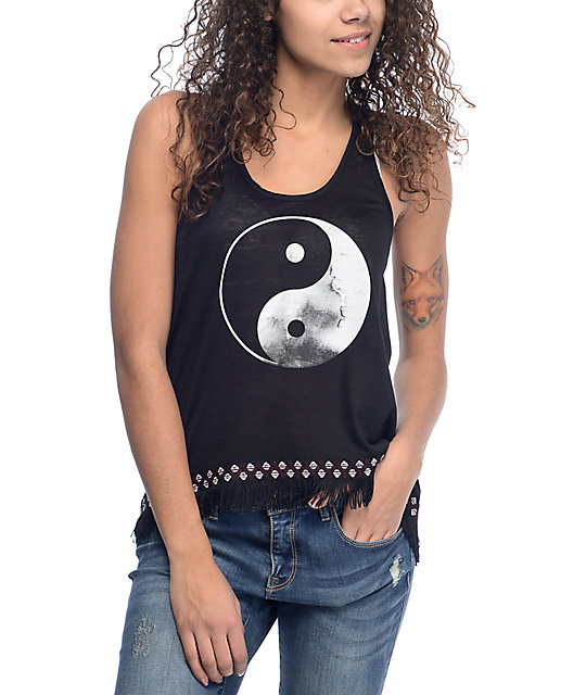 Empyre Mcgraw Yin Yang Black Fringe Tank Top 