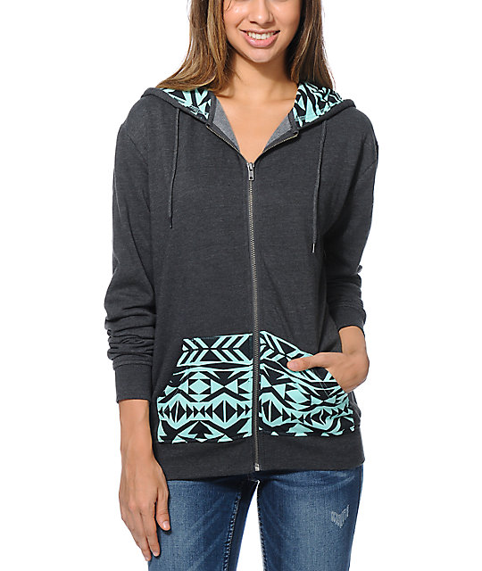 Empyre Pico Tribal Print Oversized Charcoal Zip Up Hoodie