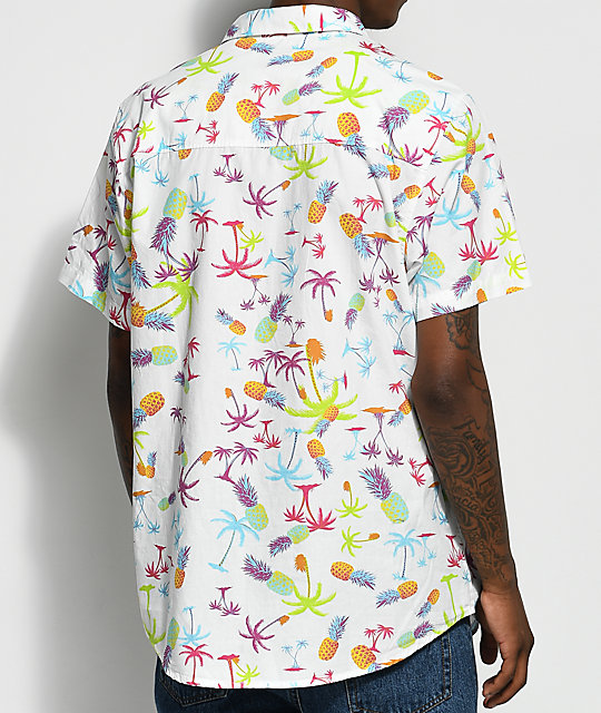 Empyre Piney White & Purple Tropical Print Short Sleeve Button Up Shirt