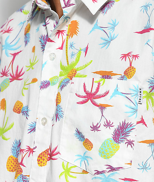 Empyre Piney White & Purple Tropical Print Short Sleeve Button Up Shirt