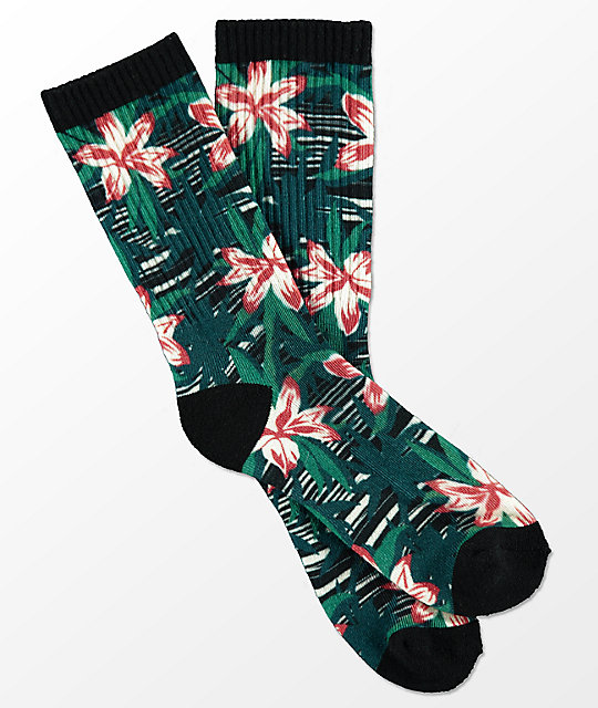 Empyre Space Vines Green U0026 Floral Print Crew Socks