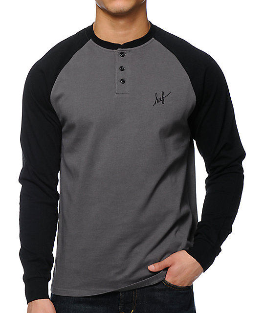 HUF Baker Black & Charcoal Long Sleeve Henley Shirt at Zumiez PDP