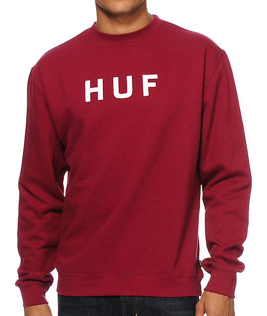 HUF Original Logo Burgundy Crewneck Sweatshirt | Zumiez