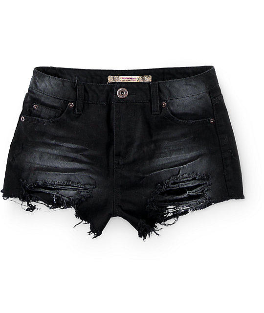 Highway Jeans Distressed Black High Waisted Shorts