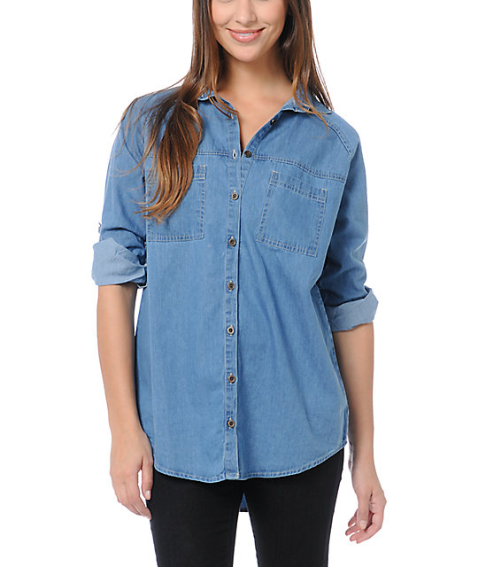 Love, Fire Blue Denim Button Up Shirt Zumiez