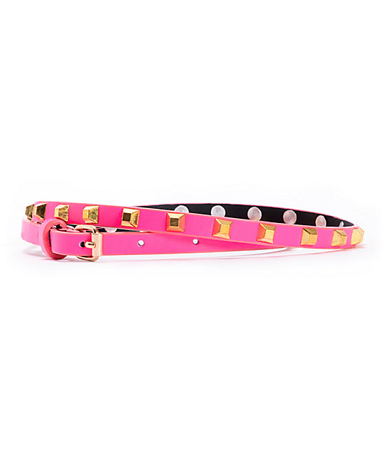 Love, Fire PInk Pyramid Studded Skinny Belt Zumiez