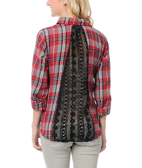 Love, Fire Red Plaid Lace Back Button Up Flannel Shirt Zumiez