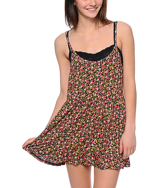 Lunachix Black Mini Floral Print Babydoll Dress at Zumiez PDP