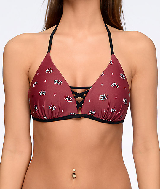 Malibu Blink Eye Molded Lace Up Burgundy Bikini Top Zumiez