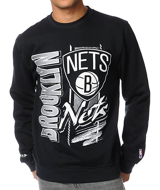 NBA Mitchell and Ness Nets Zip Zag Black Crew Neck Sweatshirt Zumiez
