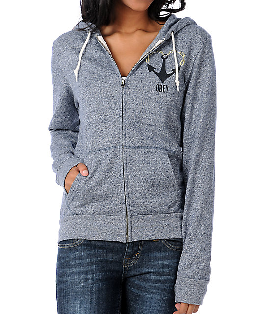 Obey Anchored Love Navy Zip Up Hoodie | Zumiez