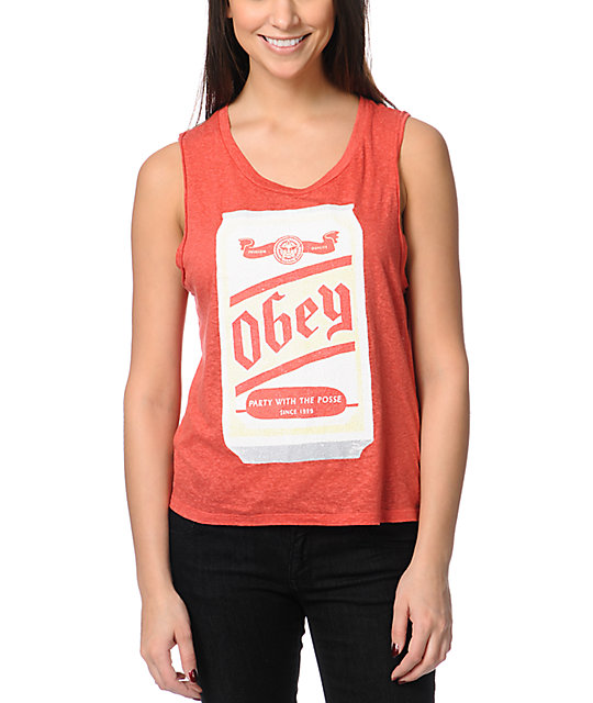 Obey Beer Me Heather Red Felon Cut Off Tank Top Zumiez