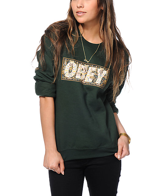 Obey Drug Rug Green Crew Neck Sweatshirt Zumiez