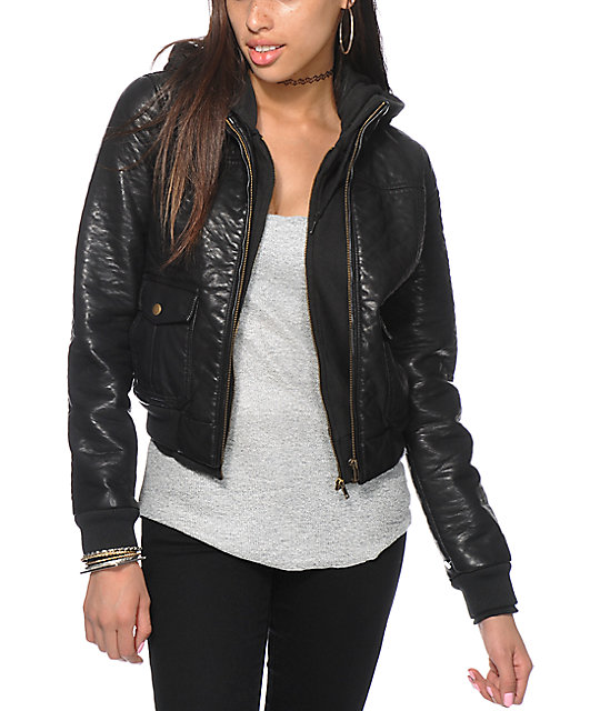 Obey Varsity Lover Leopard Black Hooded Faux Leather Jacket Obey Black Leather Jacket With Hooded