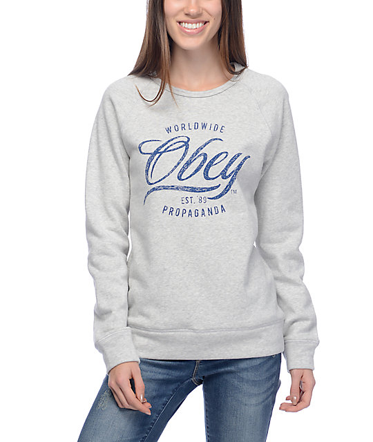 Obey Note Script Heather Grey Womens Crew Sweatshirt Zumiez