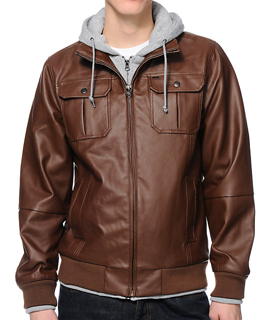 Obey Rapture Brown Faux Leather Hooded Jacket at Zumiez : PDP