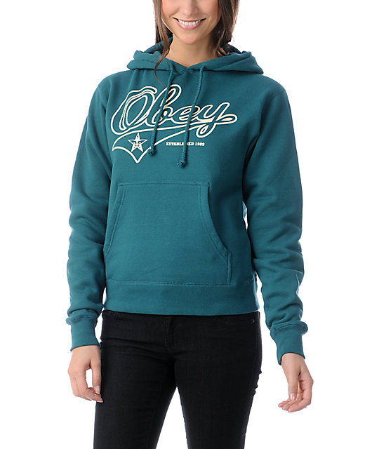 Obey Script Dark Teal Pullover Hoodie Zumiez