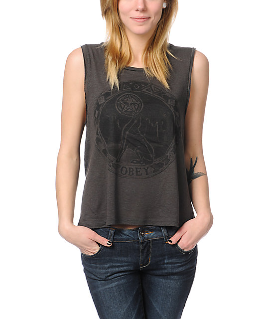 Obey Star Gazer Charcoal Felon Cut Off Tank Top Zumiez