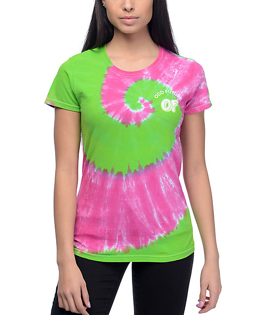 green and pink tie dye shirt