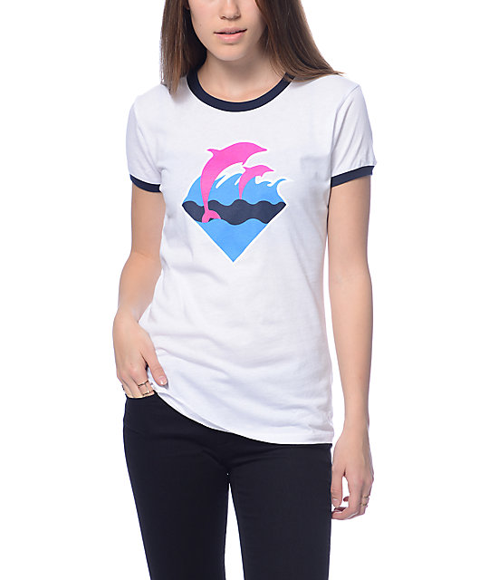 white and pink ringer tee