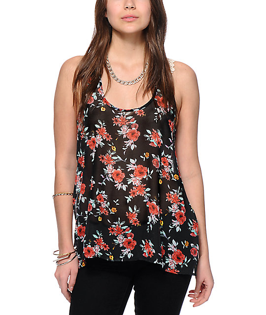 RNB Crochet & Floral Chiffon Tank Top Zumiez