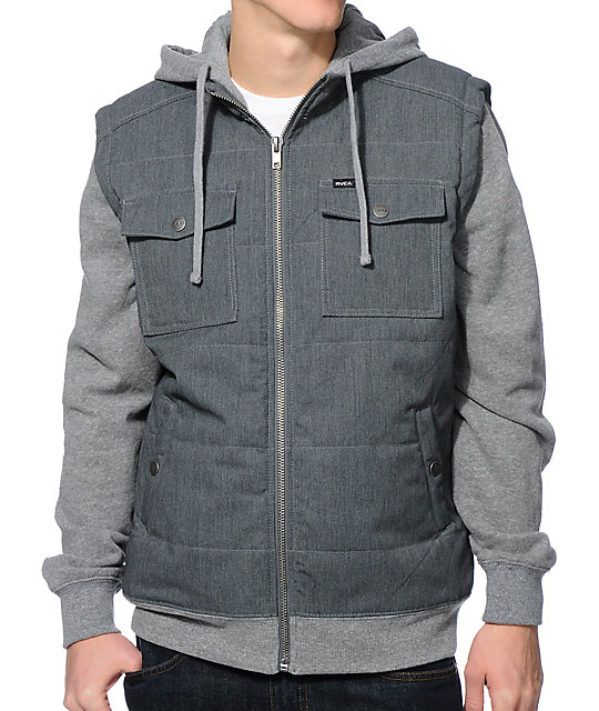 RVCA Puffer Charcoal & Grey Vest Hoodie Zumiez