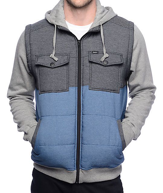 RVCA Puffer Wayward Grey, Blue & Charcoal Vest Hoodie Zumiez