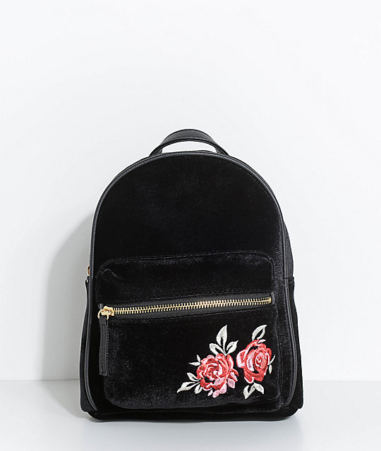 Rose Embroidered Black Velvet Mini Backpack