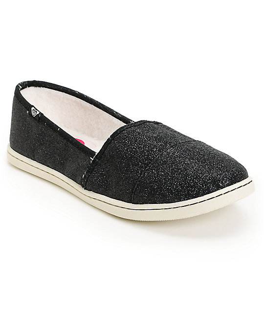 Roxy Pier Fur Black Glitter Slip On Shoes Zumiez