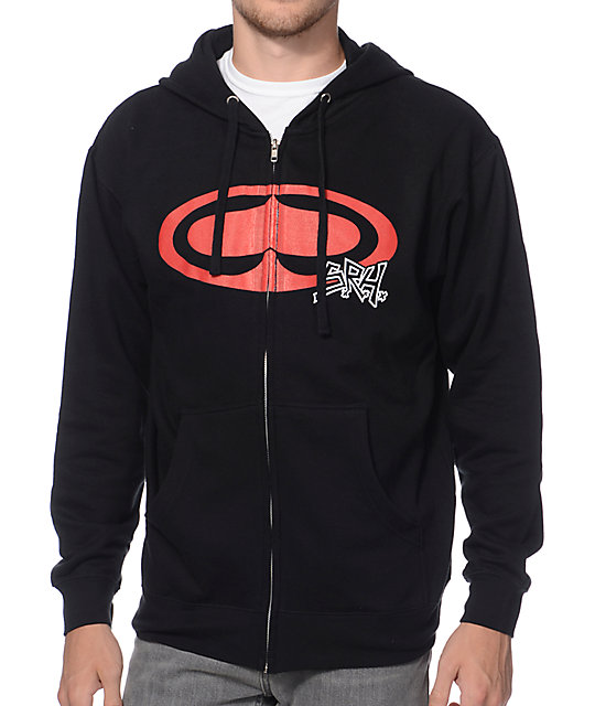 black hoodie red sleeves