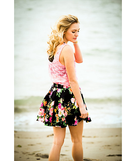 See You Monday Floral Print Black Skater Skirt Zumiez