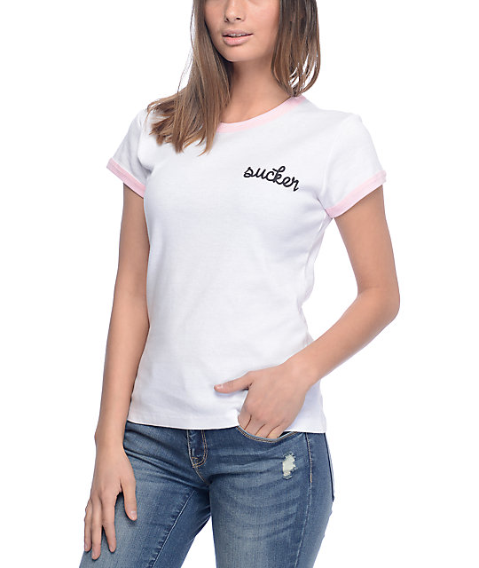 white and pink ringer tee