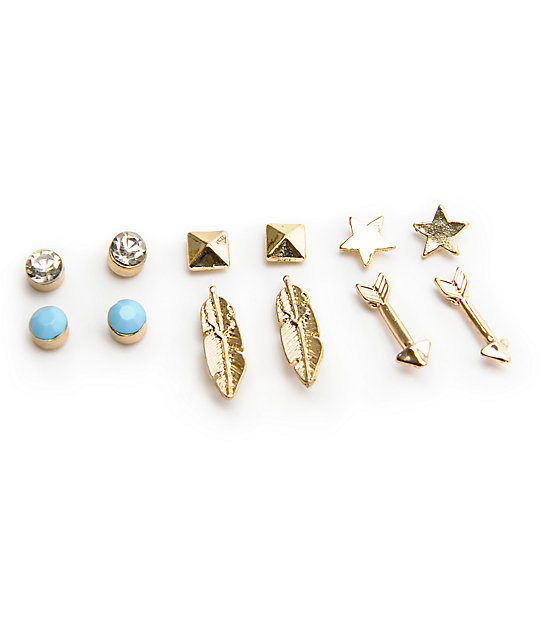 Stone + Locket Feather & Star Multipack Stud Earrings Zumiez