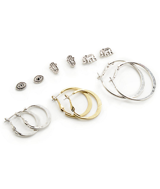 Stone + Locket Silver Hamsa Stud & Hoop Multipack Earrings Zumiez