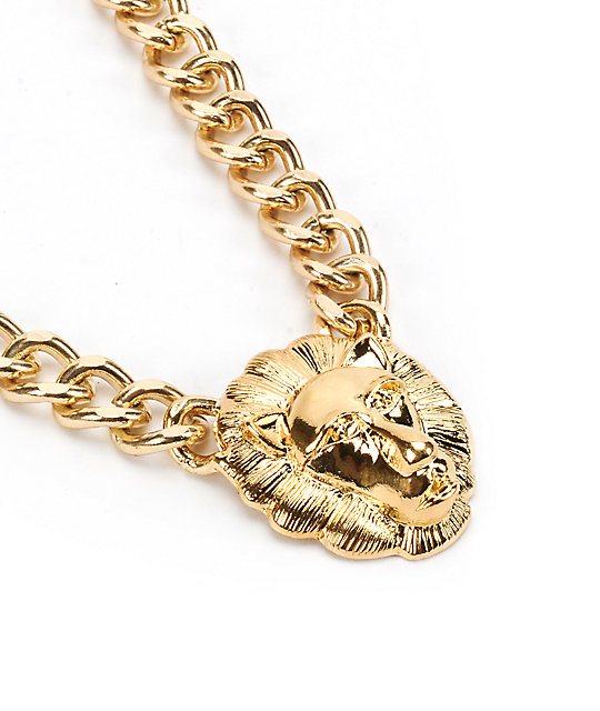 Stone + Locket Lion Head Gold Chain Necklace at Zumiez PDP