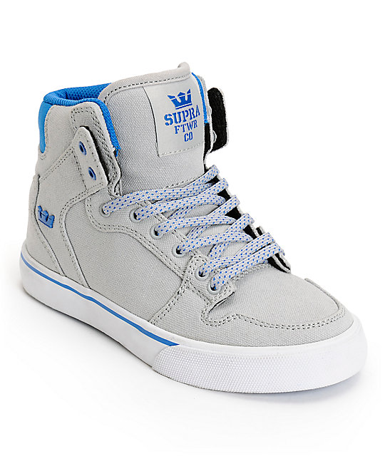 Supra Kids Vaider Grey & Blue Canvas High Top Skate Shoes Zumiez