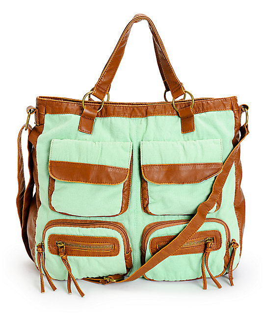 TShirt & Jeans Mint Canvas & Cognac Faux Leather Tote Bag Zumiez
