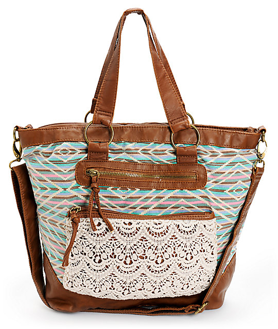 TShirt & Jeans Tribal Crochet & Cognac Faux Leather Tote Bag Zumiez