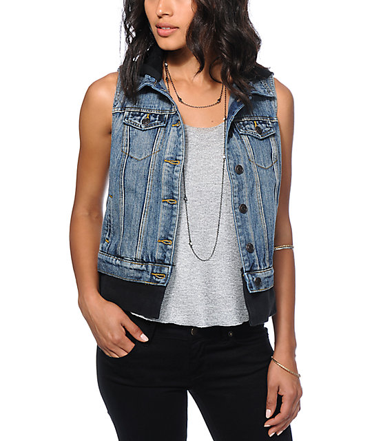 Thread & Supply Medium Wash Hooded Denim Vest Zumiez
