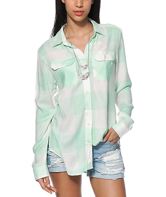 Thread & Supply Mint Boyfriend Fit Plaid Shirt Zumiez