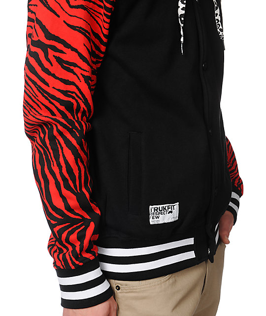 Trukfit Zebra Print Red & Black Hooded Varsity Jacket Zumiez