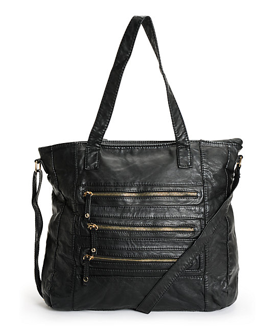 Under One Sky Black 3 Zipper Faux Leather Tote Bag at Zumiez : PDP